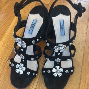 Prada Black Suede Silver Flower Strappy Sandals